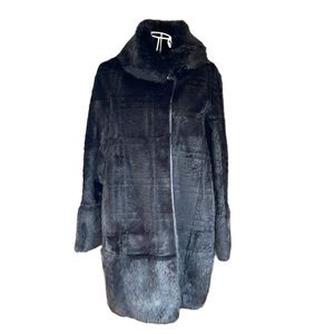 Black fur mid length coat, plaid pattern effect